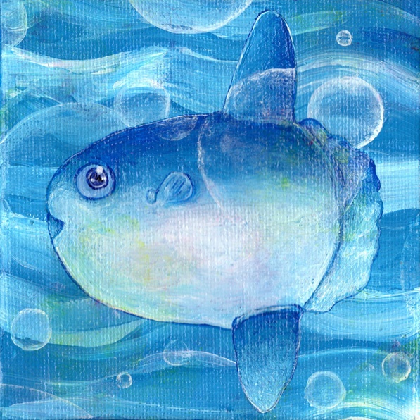 アクリル絵の具原画 夏マンボウ(ミニキャンバス 10×10cm)イーゼルつき