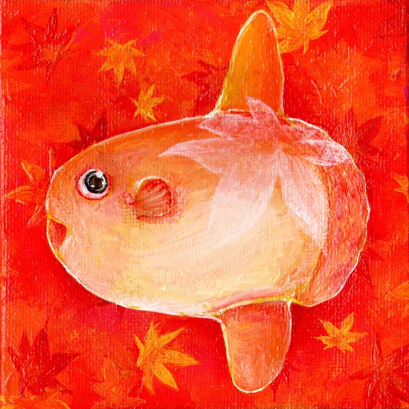 アクリル画 秋マンボウ(ミニキャンバス 10×10cm)イーゼルつき