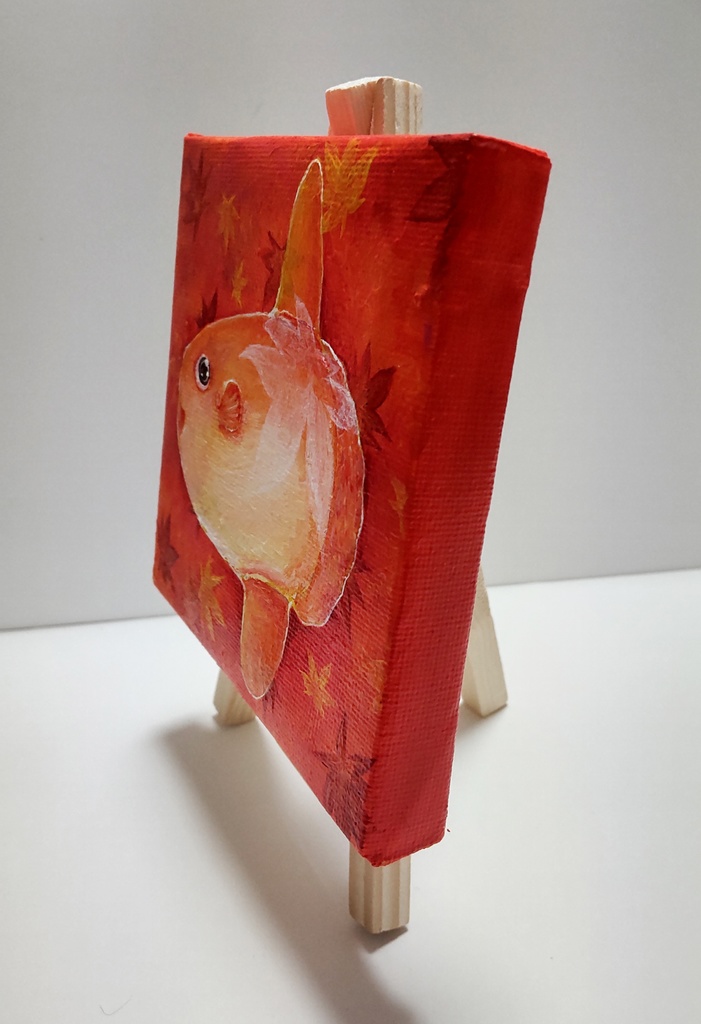 アクリル画 秋マンボウ(ミニキャンバス 10×10cm)イーゼルつき