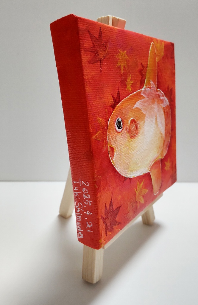 アクリル画 秋マンボウ(ミニキャンバス 10×10cm)イーゼルつき