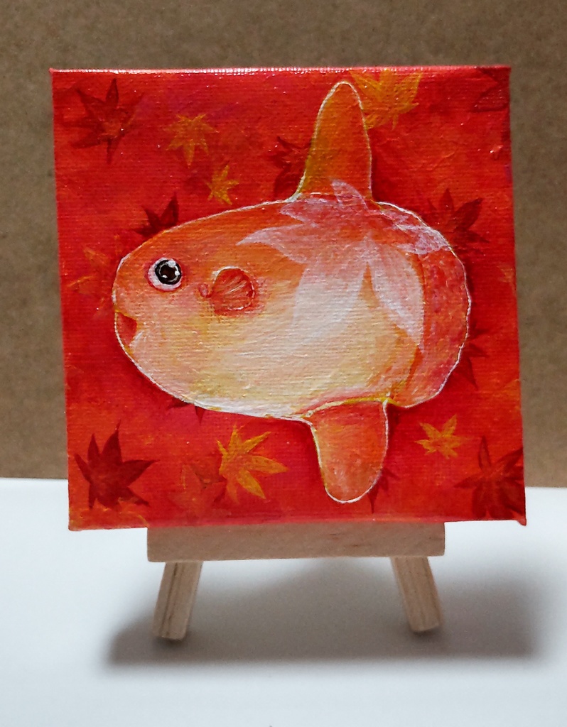 アクリル画 秋マンボウ(ミニキャンバス 10×10cm)イーゼルつき