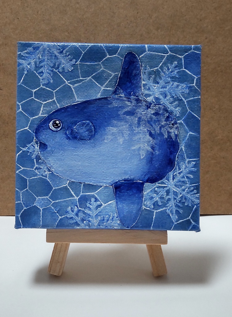 アクリル絵の具原画 冬マンボウ(ミニキャンバス 10×10cm)イーゼル付き