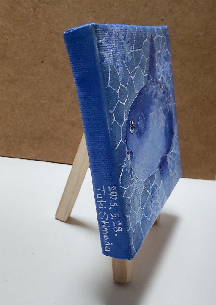 アクリル絵の具原画 冬マンボウ(ミニキャンバス 10×10cm)イーゼル付き