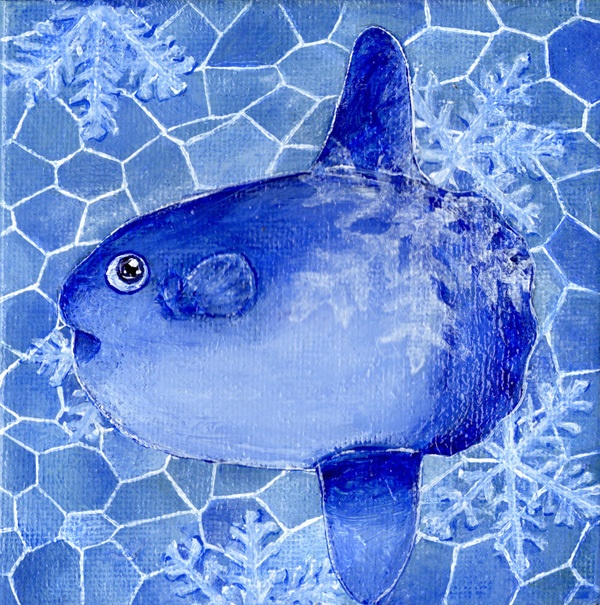 アクリル絵の具原画 冬マンボウ(ミニキャンバス 10×10cm)イーゼル付き