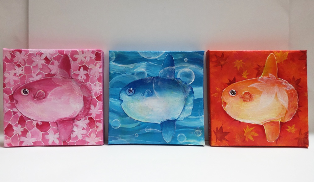 アクリル絵の具原画 冬マンボウ(ミニキャンバス 10×10cm)イーゼル付き