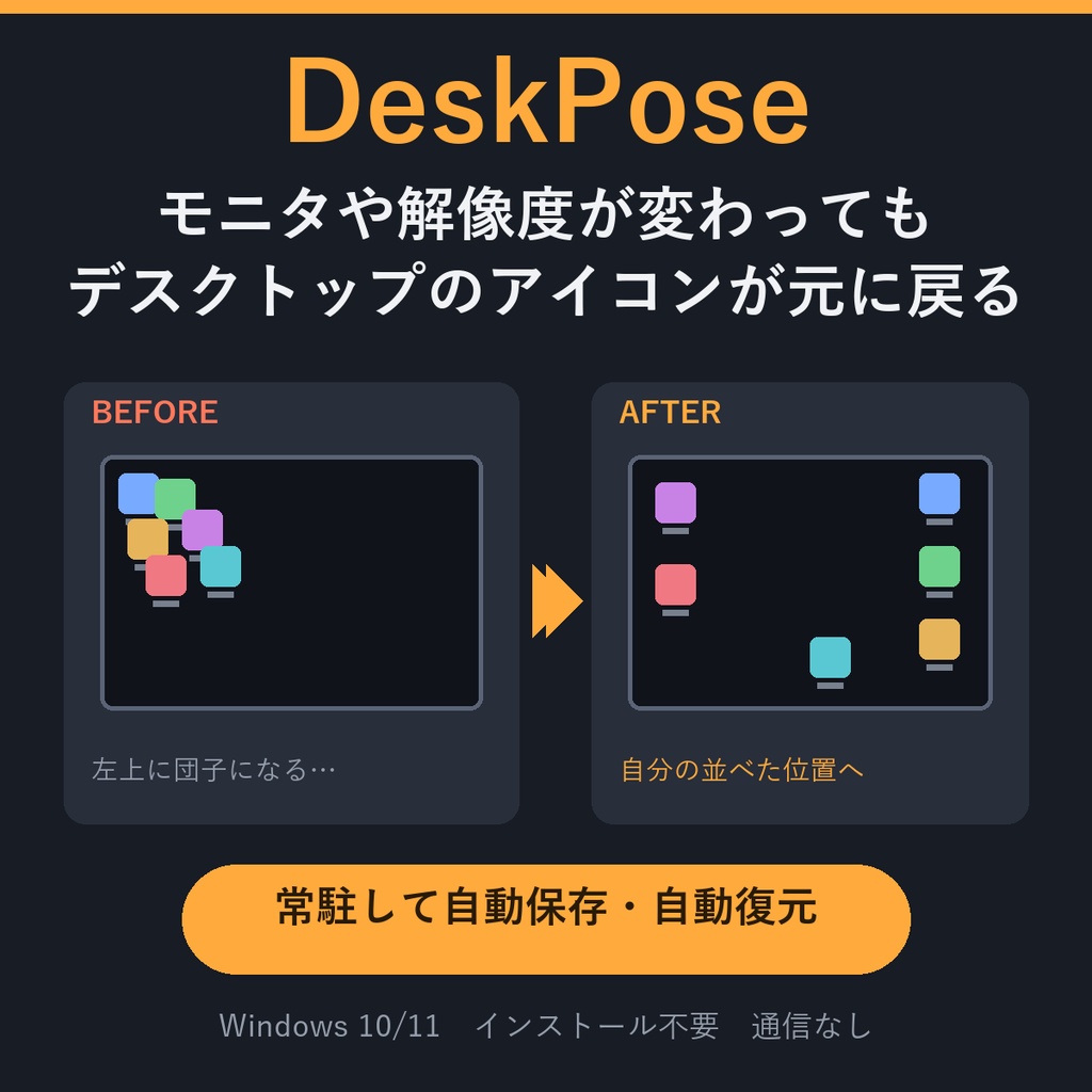 DeskPose｜モニタや解像度が変わってもデスクトップのアイコン配置が自動で元に戻る常駐ツール【Windows】