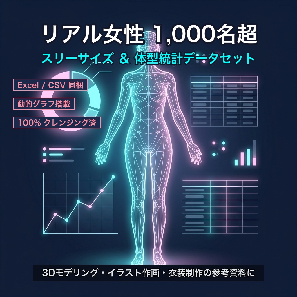 「動的グラフ付き」リアル女性1000名超のスリーサイズ＆体型統計データセット（Excel / CSV形式）