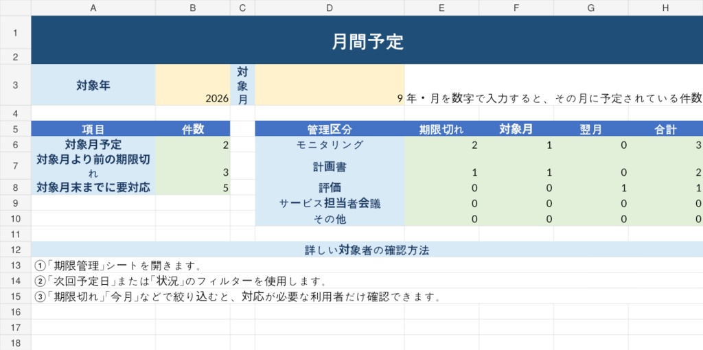 デイサービス モニタリング・計画書 期限管理Excel|Master連動|通所介護・介護施設向け