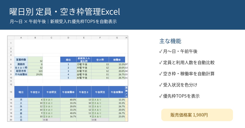 デイサービス 曜日別定員・空き枠管理Excel｜月〜日・午前午後対応｜通所介護向け