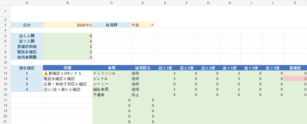 デイサービス 送迎・配車管理Excel PRO |車両台数可変|定員・車椅子・二重配車・迎え送り漏れを自動チェック