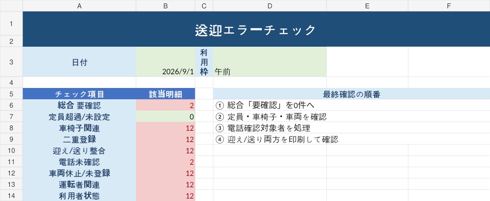 デイサービス 送迎・配車管理Excel PRO |車両台数可変|定員・車椅子・二重配車・迎え送り漏れを自動チェック