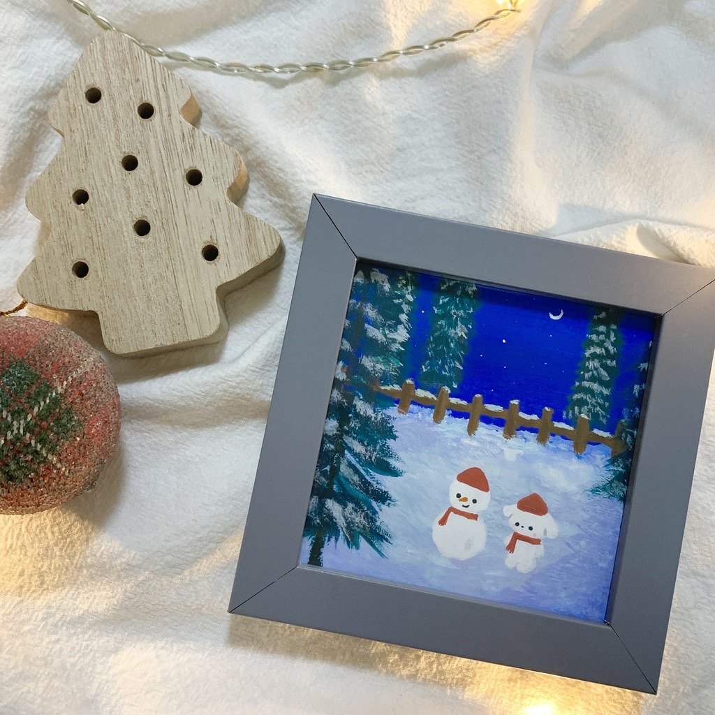 白犬さんと雪だるま ミニ原画