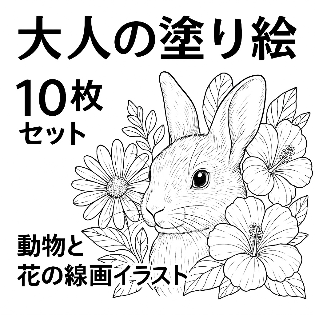 大人の塗り絵セット|動物と花の線画イラスト10枚