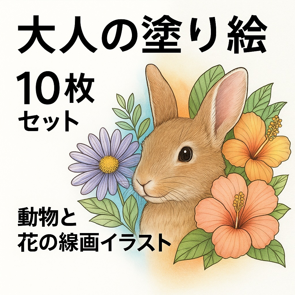 大人の塗り絵セット|花と動物の癒しの線画イラスト10枚