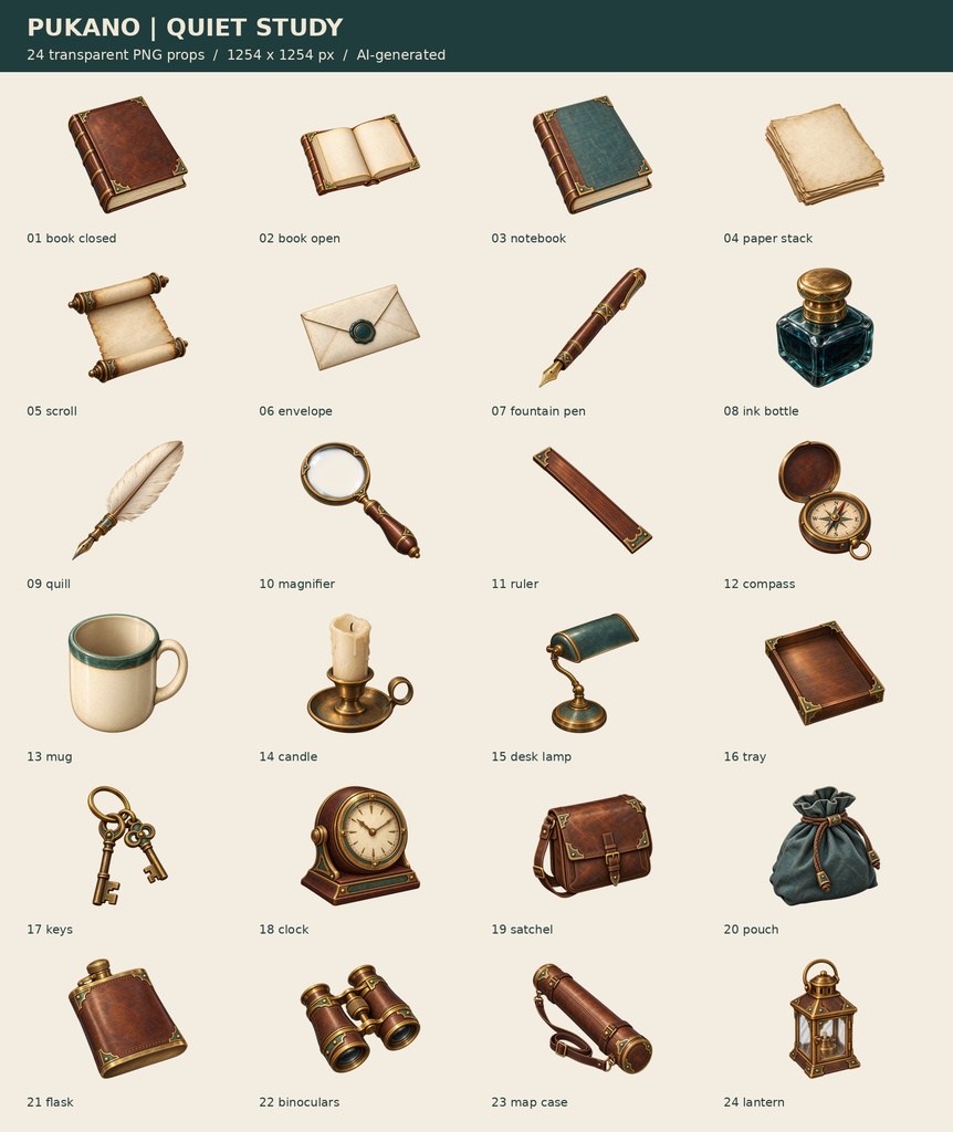 【透過PNG24点】アンティーク書斎の小物素材セット｜TRPG・創作用