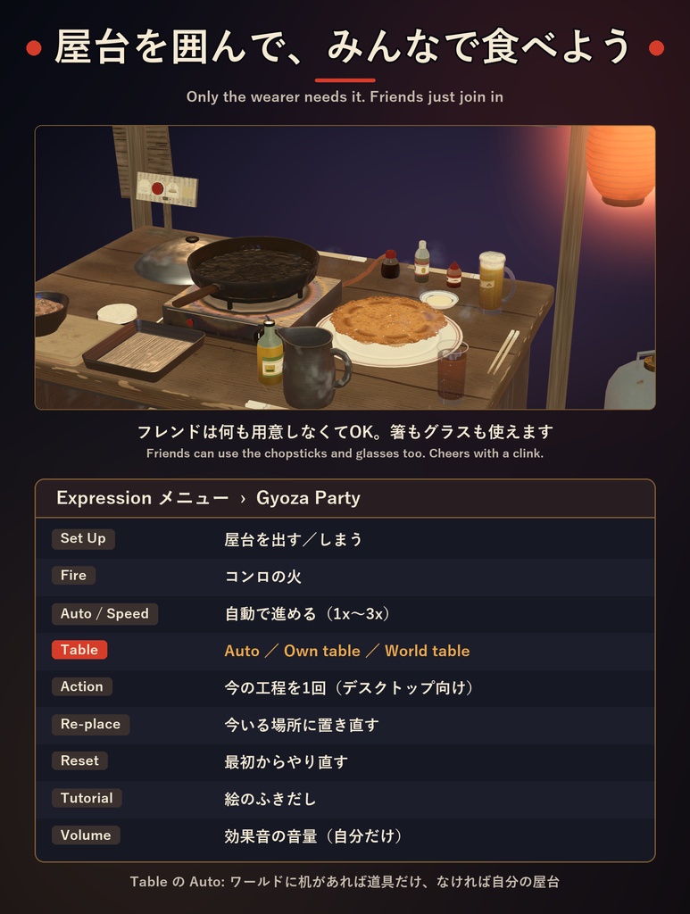 餃子パ!【VRChat・アバター/ワールド】夜の屋台で包んで焼ける羽根つき餃子 / Gyoza Party (Avatar / World)