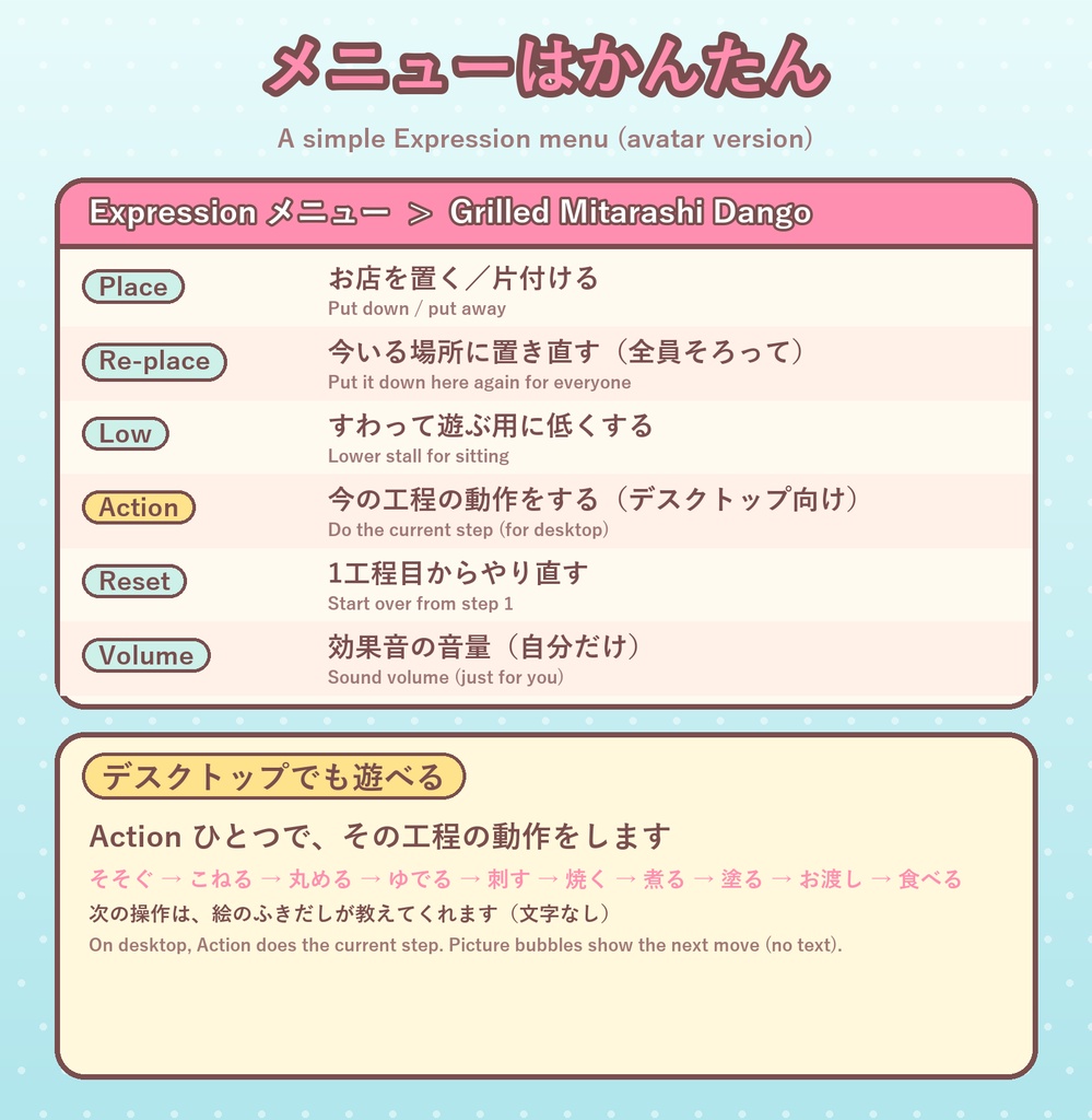 【VRChat】おやつラボ No.4 やきやきみたらし団子【アバター/ワールド】作って焼いて手渡せる団子屋台 / Snack Lab No.4: Grilled Mitarashi Dango (Avatar / World)