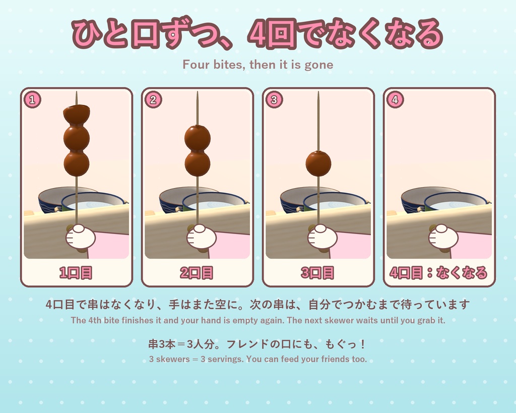 【VRChat】おやつラボ No.4 やきやきみたらし団子【アバター/ワールド】作って焼いて手渡せる団子屋台 / Snack Lab No.4: Grilled Mitarashi Dango (Avatar / World)