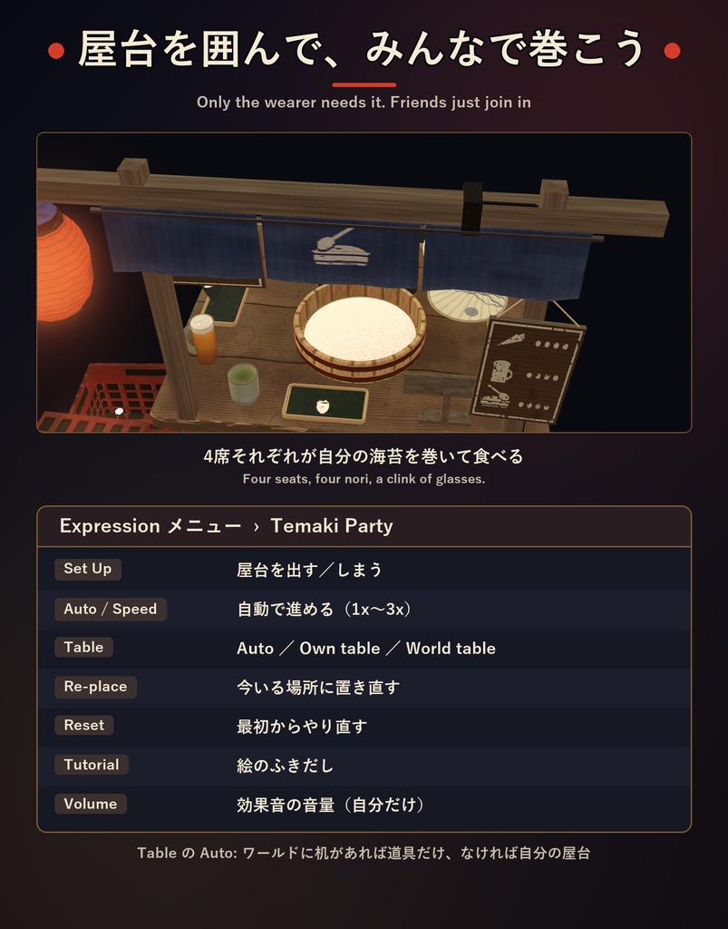 手巻きパ!【VRChat・アバター/ワールド】夜の屋台でみんなで巻く手巻き寿司 / Temaki Party (Avatar / World)