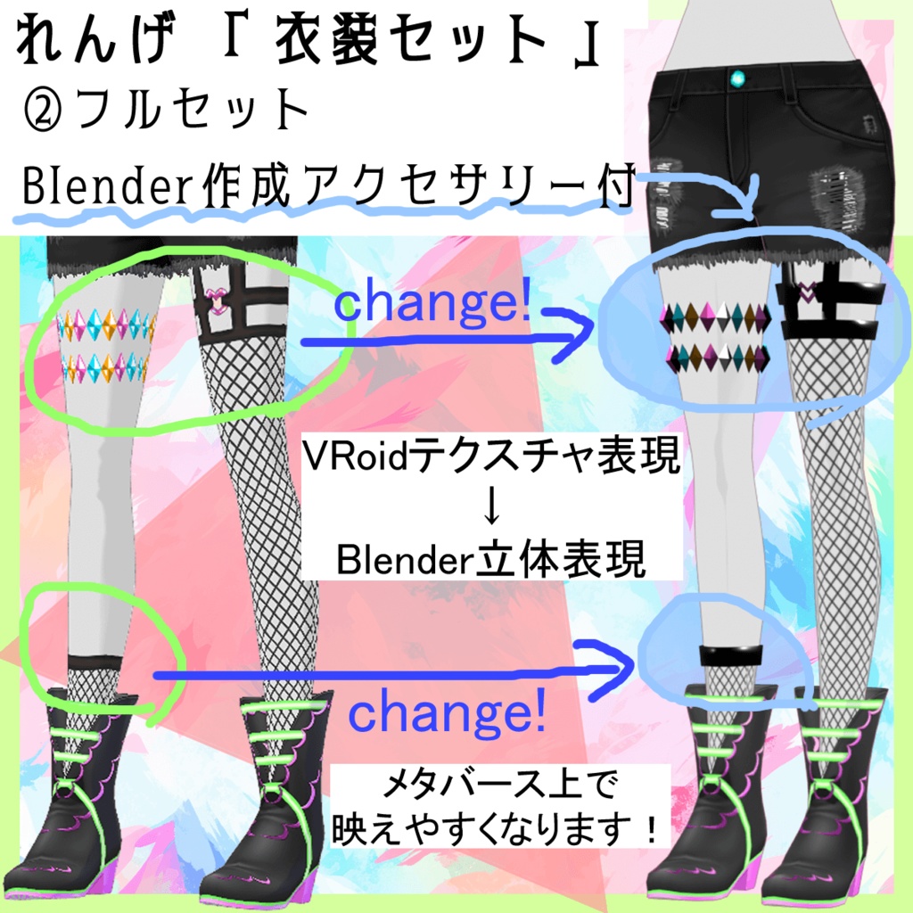【衣装セット(VRoid+Blender)】オフショルシャツ・短パン・網タイツ・ブーツの衣装セット