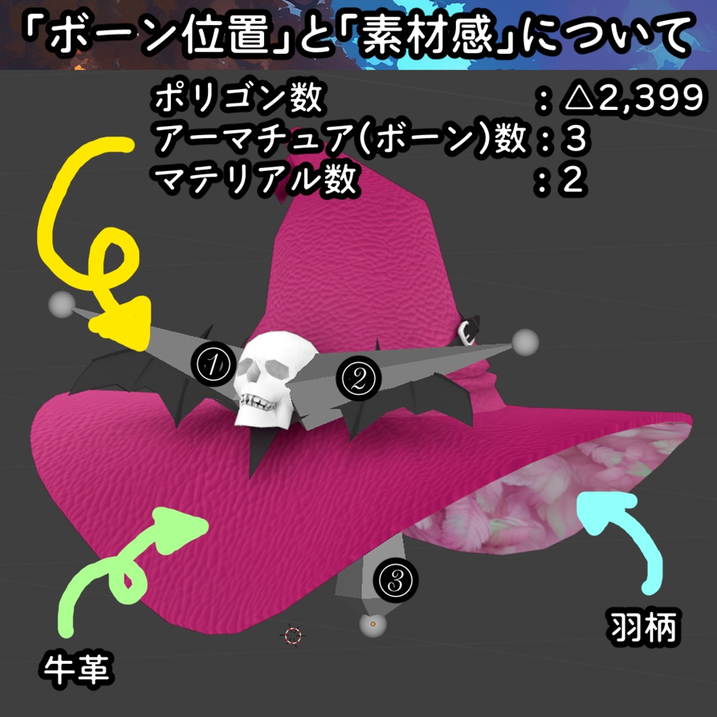 【Blender製】【全10色】羽が動くコウモリドクロさん付き「魔女っ子とんがり帽子」_Rev.0.0