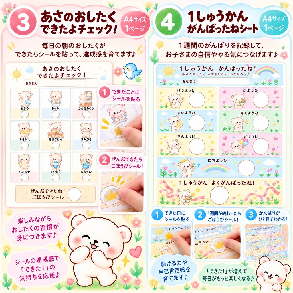 【印刷して使える知育教材】白くまちゃんの朝のおしたくセット|おしたくボード・チェック表・ごほうびシート