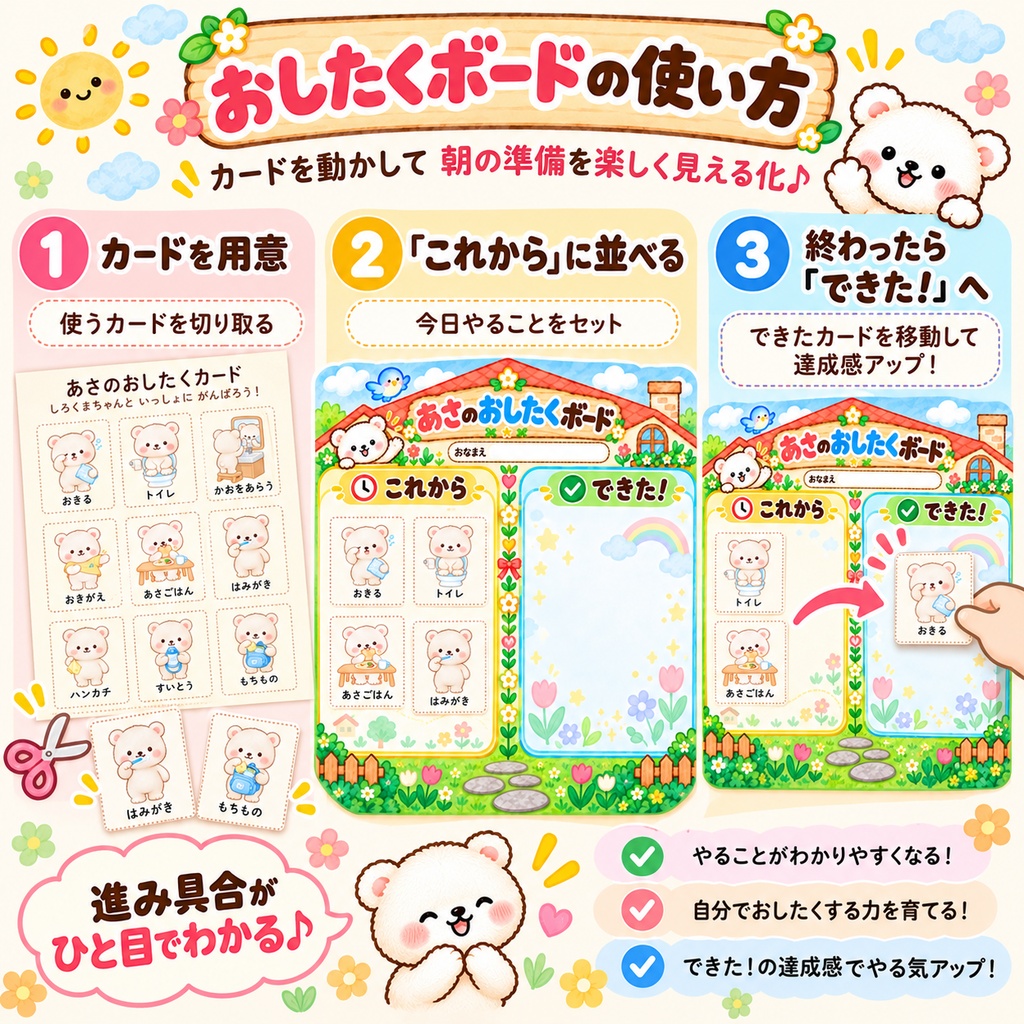 【印刷して使える知育教材】白くまちゃんの朝のおしたくセット|おしたくボード・チェック表・ごほうびシート
