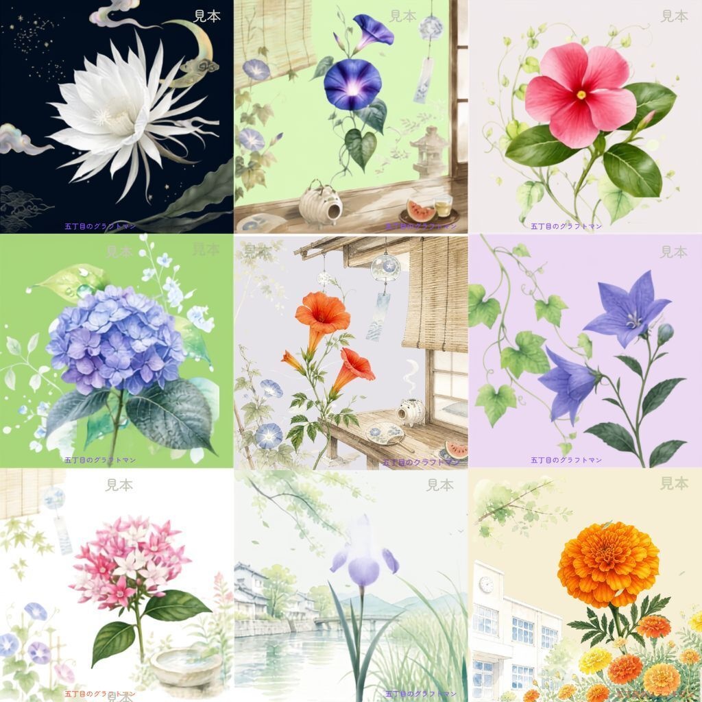 夏の花 水彩デジタルペーパー_Vol.1 10枚セット(JPGファイル)