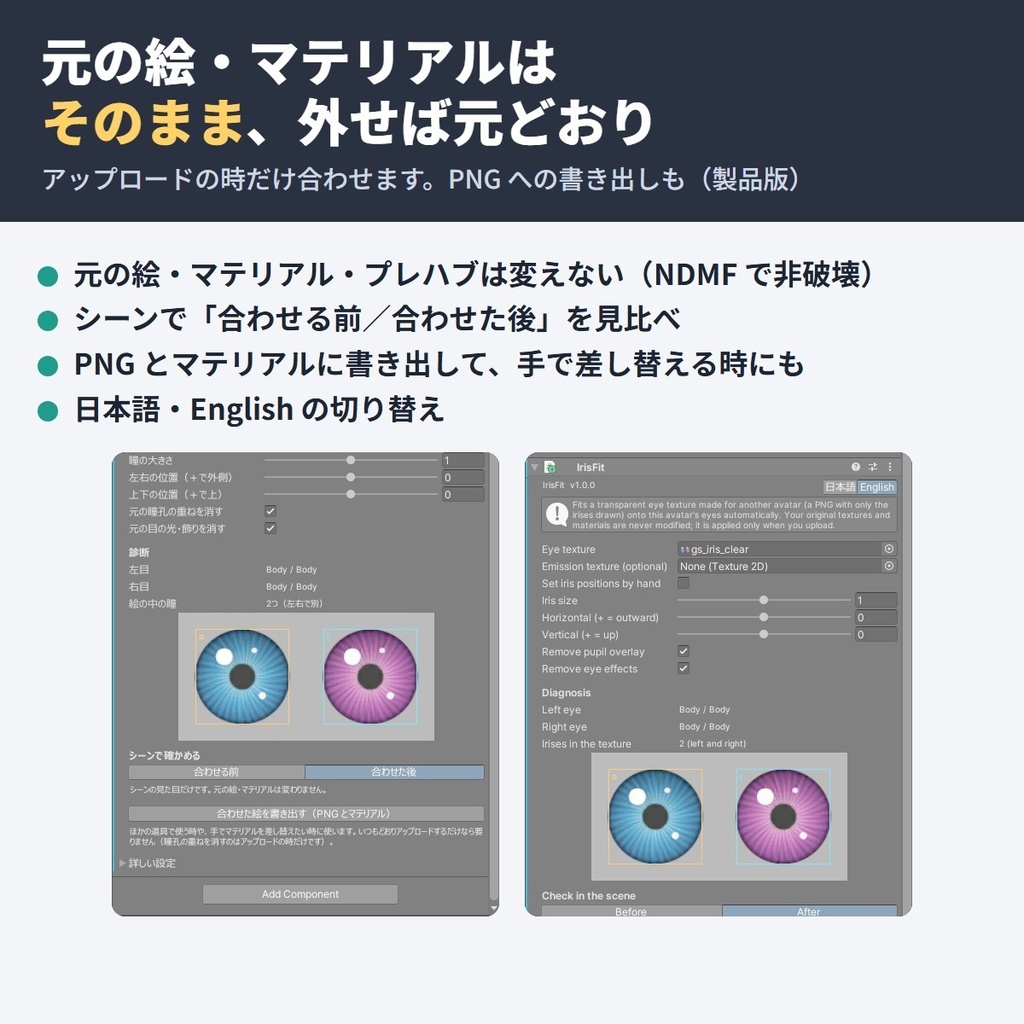 対応アバター以外の瞳テクスチャ・アイテクスチャを目に合わせる IrisFit【NDMF・非破壊】