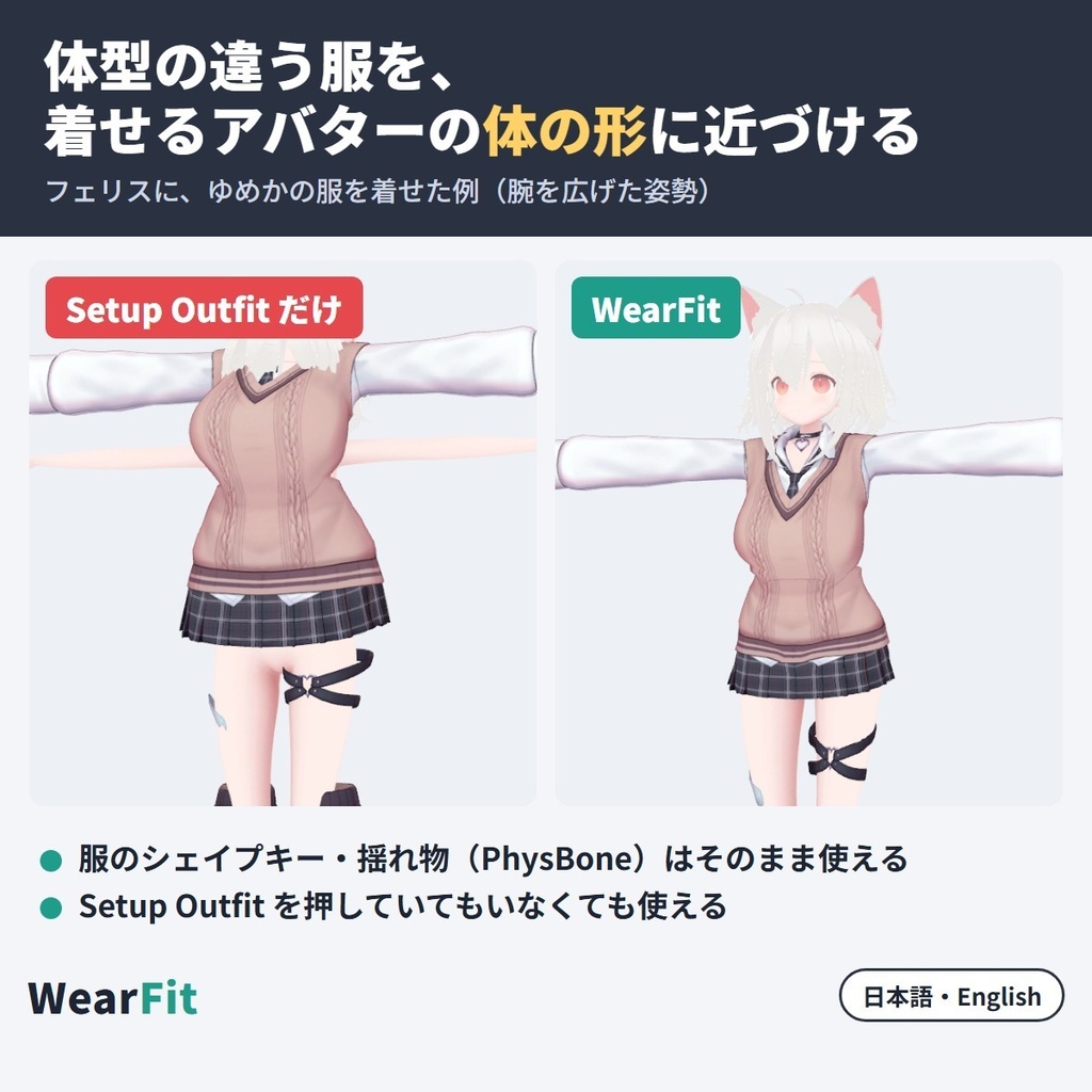 非対応衣装を着せる衣装変換ツール WearFit|プロファイル不要・元のアバターを選ぶだけ・貫通軽減【VRChat・NDMF・非破壊】