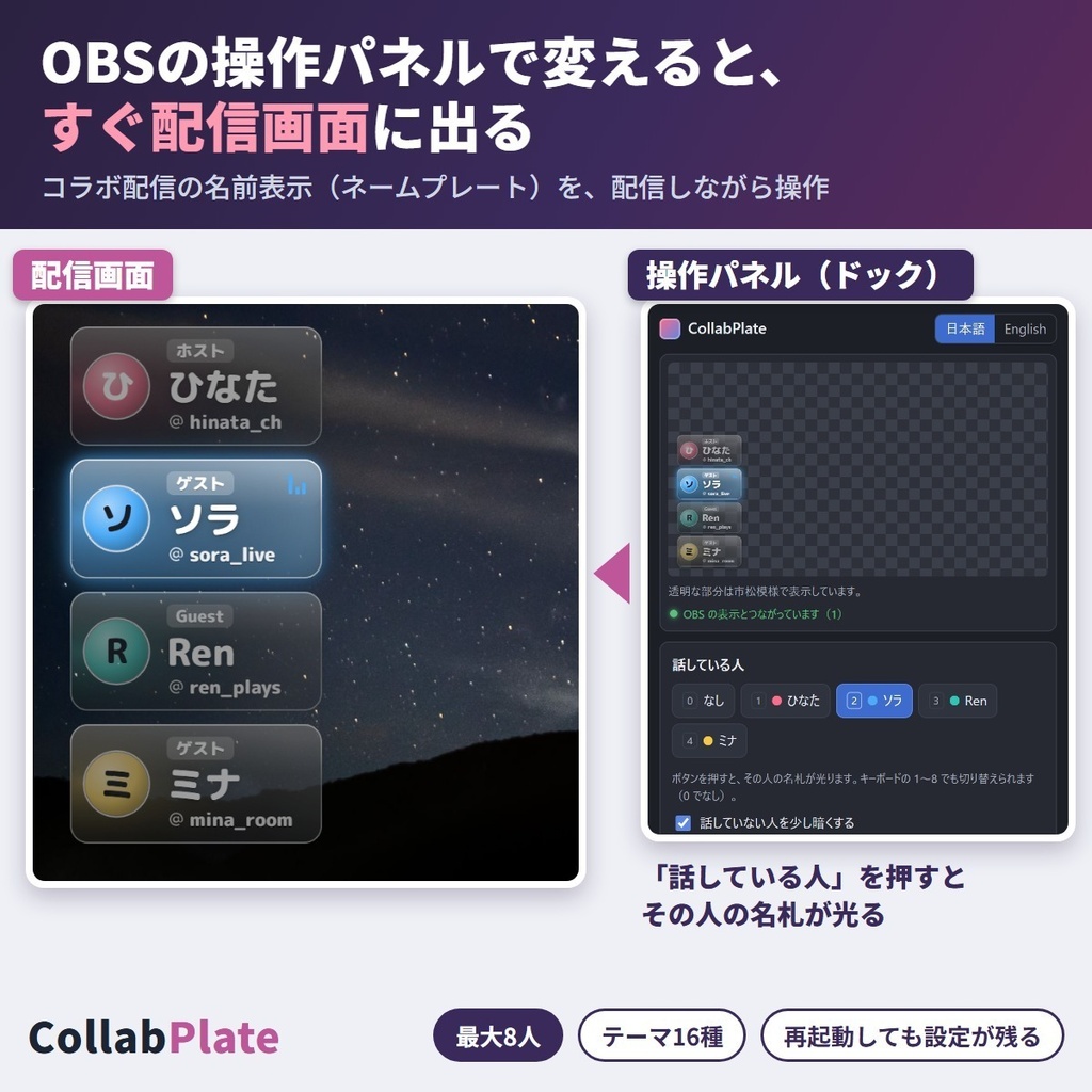 コラボ配信ネームプレート|OBSで名前表示・話者を光らせる・URL貼り替えなし【CollabPlate】