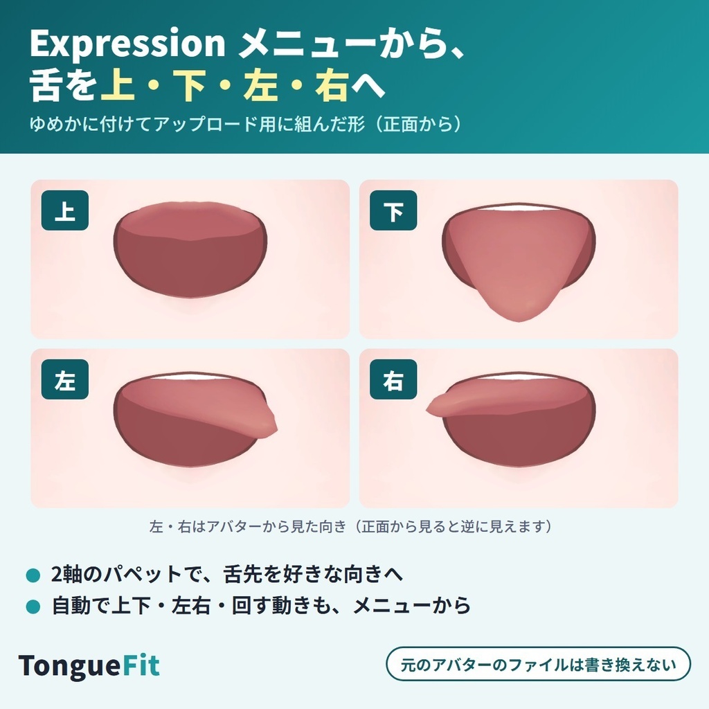 舌を上下左右に動かせる TongueFit|舌出し・ぺろぺろを Expression メニューから・舌キーなしのアバターにも【VRChat・NDMF・非破壊】