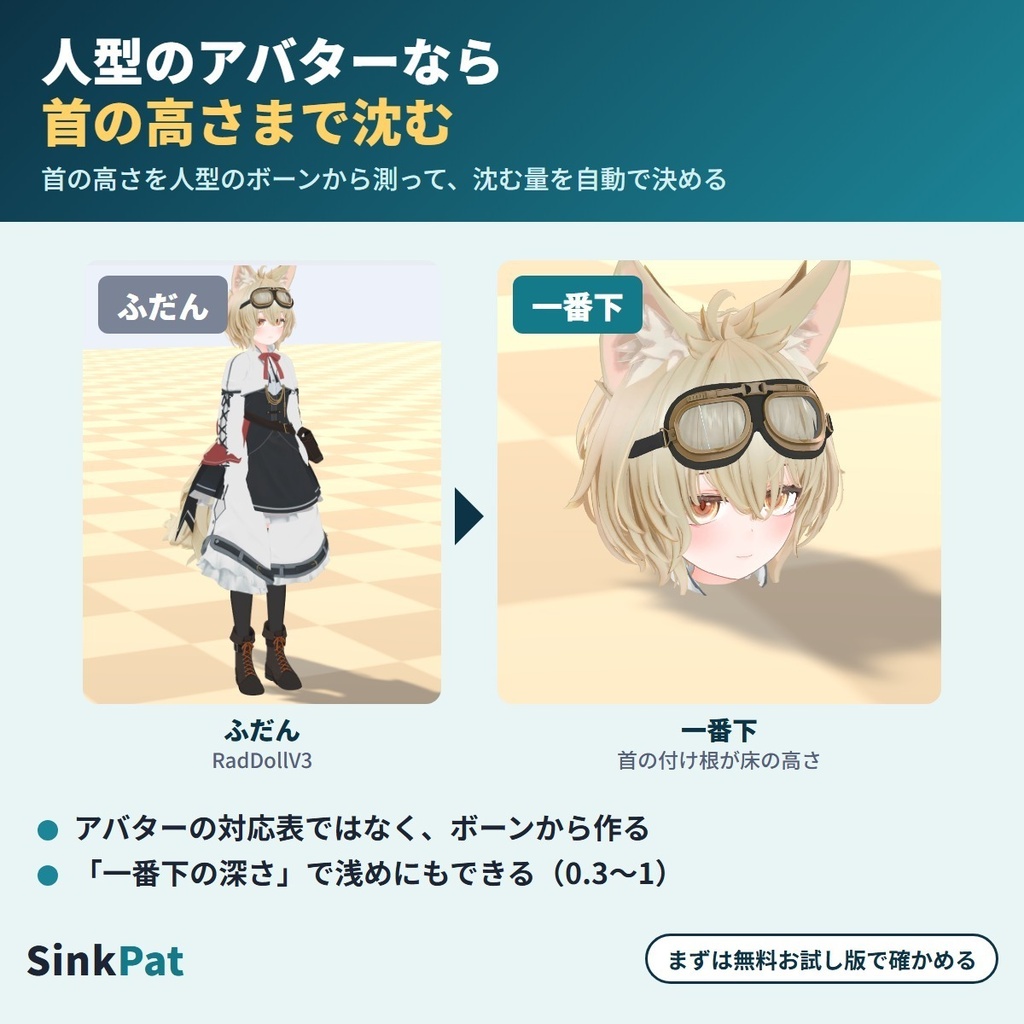 なでられると床に沈む SinkPat|頭をなでられている間アバターがゆっくり床へ沈み、離すと戻る「なでなで」リアクションギミック【VRChat・NDMF・Modular Avatar・非破壊】【無料お試し版あり】