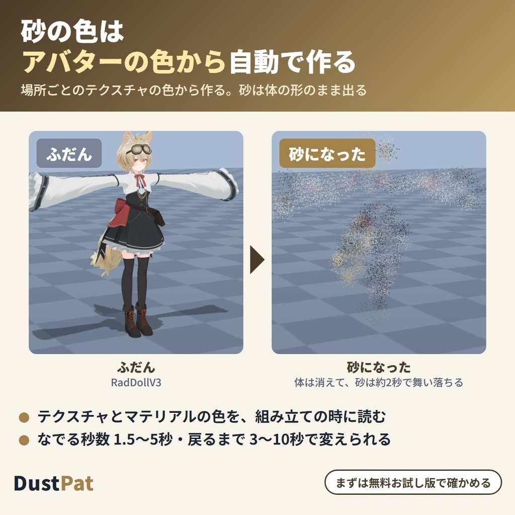 なでられると砂になる DustPat|頭をなで続けられるとアバターがサラサラの砂になって消え、数秒で元の姿に戻る「なでなで」リアクションギミック【VRChat・NDMF・Modular Avatar・非破壊】【無料お試し版あり】