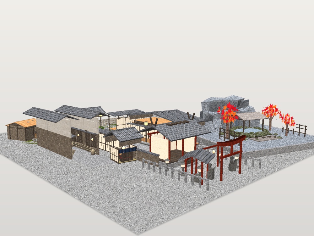 【VRChat想定】和風の村セット|神社・町屋・座敷・茶室・露天風呂・屋台【配置済み情景 / unitypackage同梱】