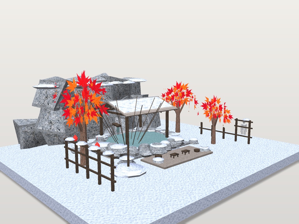 【VRChat想定】雪見の露天風呂セット|雪の岩風呂・雪吊り・紅葉・提灯【16千ポリゴン / unitypackage同梱】