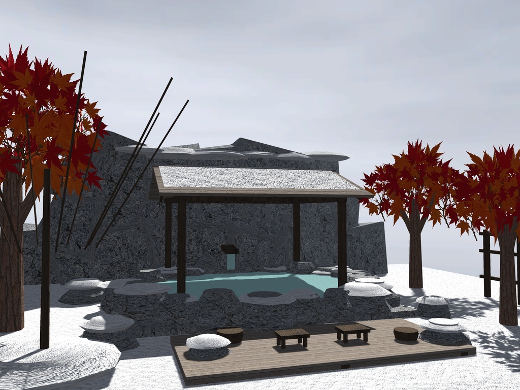 【VRChat想定】雪見の露天風呂セット|雪の岩風呂・雪吊り・紅葉・提灯【16千ポリゴン / unitypackage同梱】