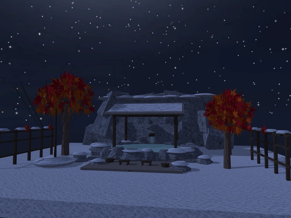 【VRChat想定】雪見の露天風呂セット|雪の岩風呂・雪吊り・紅葉・提灯【16千ポリゴン / unitypackage同梱】