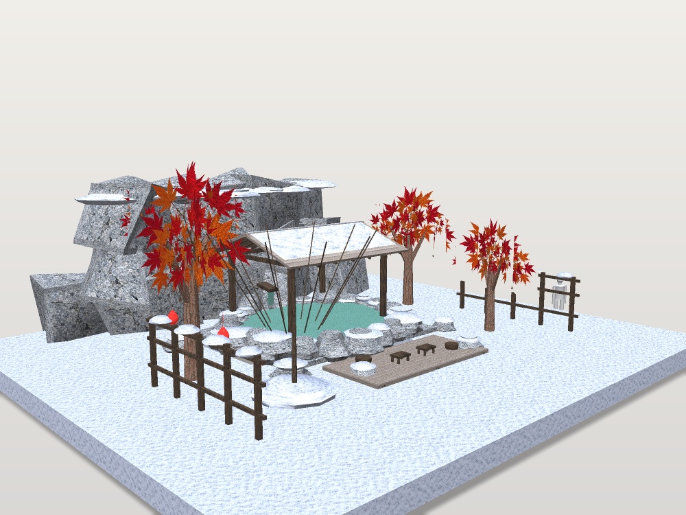 【VRChat想定】雪見の露天風呂セット|雪の岩風呂・雪吊り・紅葉・提灯【16千ポリゴン / unitypackage同梱】