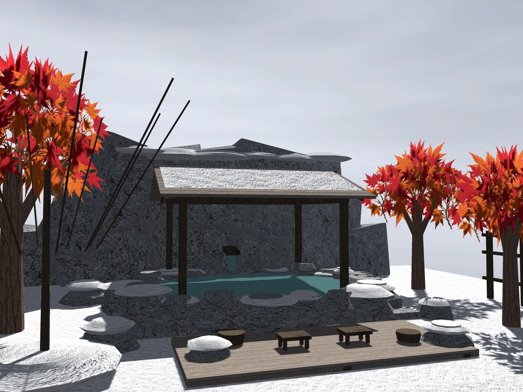 【VRChat想定】雪見の露天風呂セット|雪の岩風呂・雪吊り・紅葉・提灯【16千ポリゴン / unitypackage同梱】