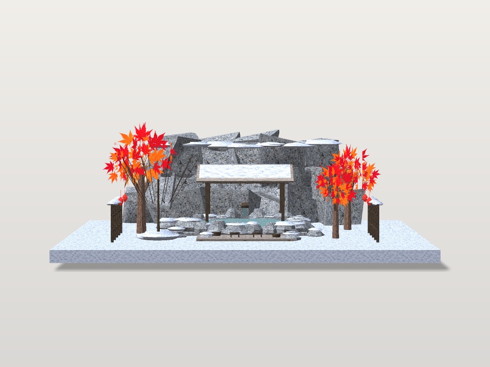 【VRChat想定】雪見の露天風呂セット|雪の岩風呂・雪吊り・紅葉・提灯【16千ポリゴン / unitypackage同梱】