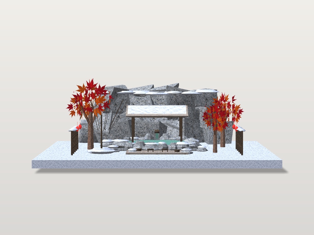 【VRChat想定】雪見の露天風呂セット|雪の岩風呂・雪吊り・紅葉・提灯【16千ポリゴン / unitypackage同梱】