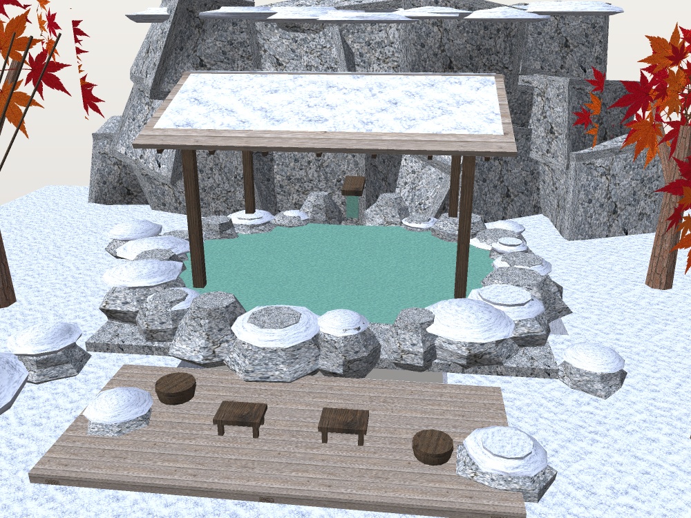 【VRChat想定】雪見の露天風呂セット|雪の岩風呂・雪吊り・紅葉・提灯【16千ポリゴン / unitypackage同梱】
