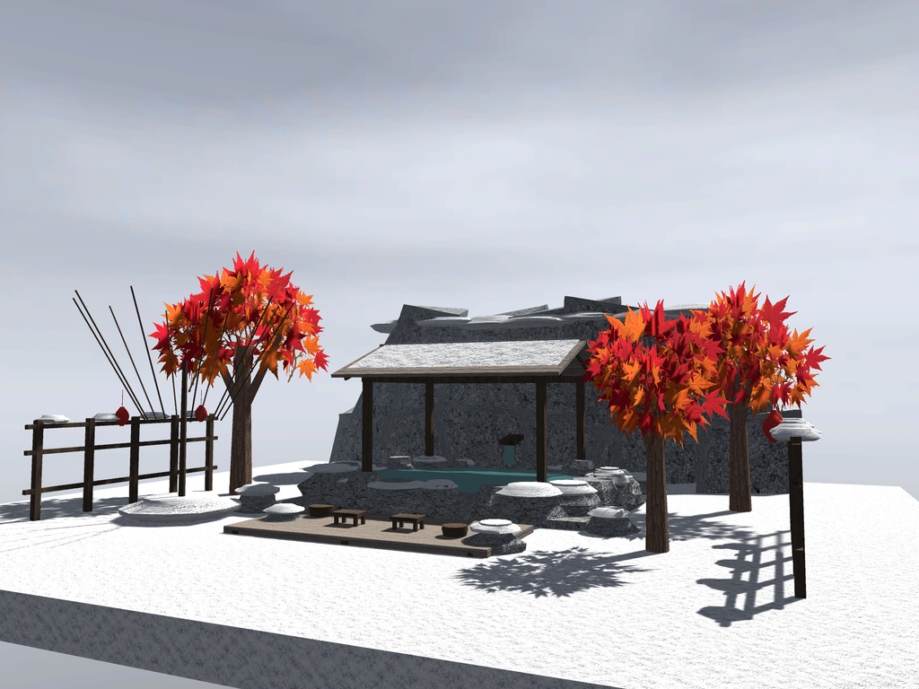 【VRChat想定】雪見の露天風呂セット|雪の岩風呂・雪吊り・紅葉・提灯【16千ポリゴン / unitypackage同梱】