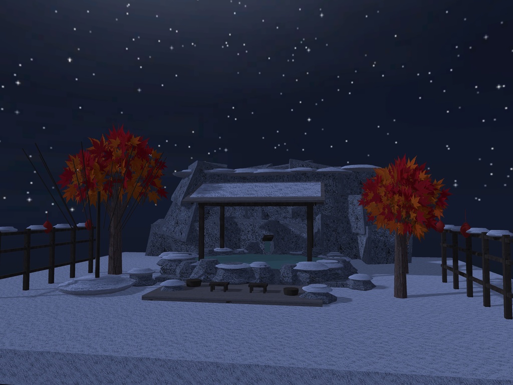 【VRChat想定】雪見の露天風呂セット|雪の岩風呂・雪吊り・紅葉・提灯【16千ポリゴン / unitypackage同梱】