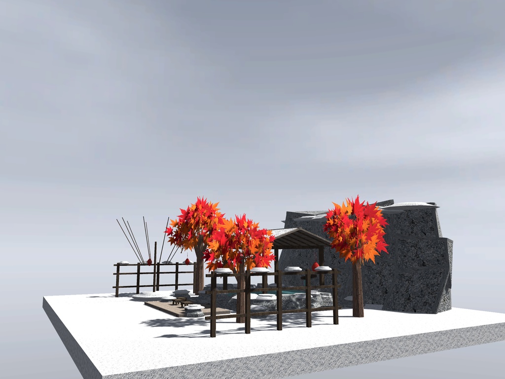 【VRChat想定】雪見の露天風呂セット|雪の岩風呂・雪吊り・紅葉・提灯【16千ポリゴン / unitypackage同梱】