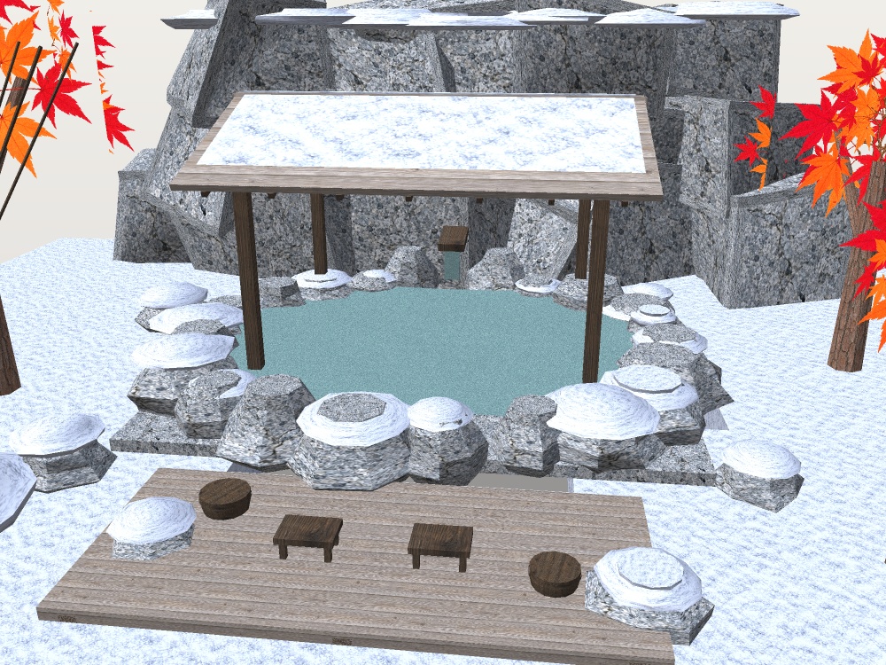 【VRChat想定】雪見の露天風呂セット|雪の岩風呂・雪吊り・紅葉・提灯【16千ポリゴン / unitypackage同梱】
