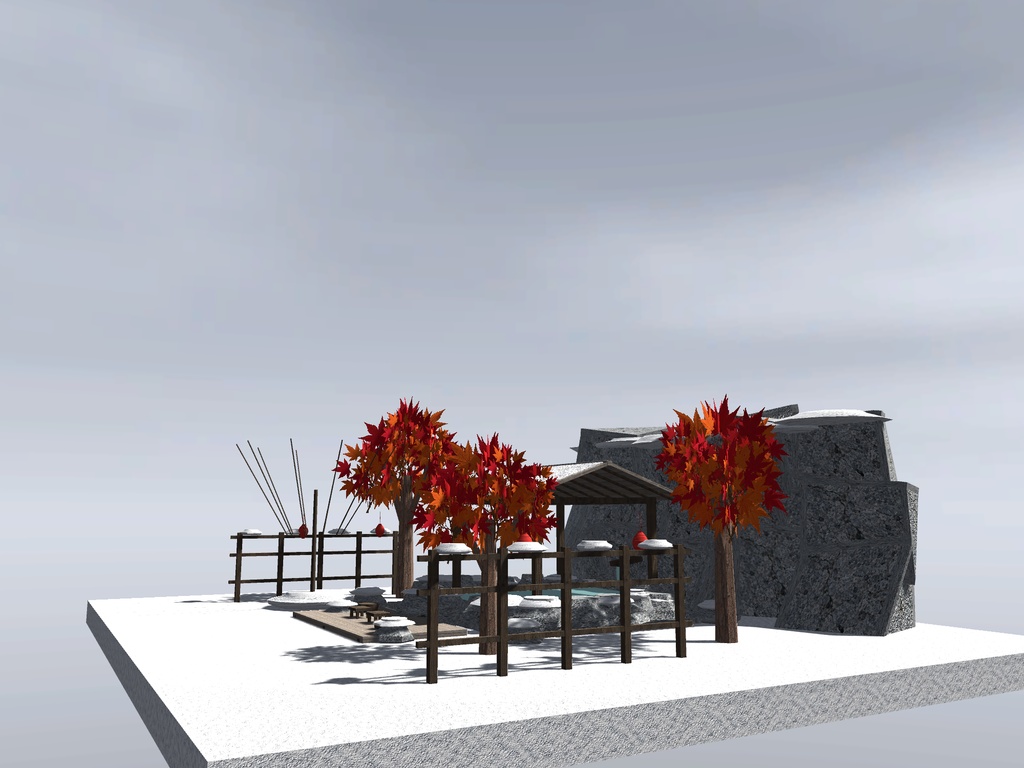 【VRChat想定】雪見の露天風呂セット|雪の岩風呂・雪吊り・紅葉・提灯【16千ポリゴン / unitypackage同梱】