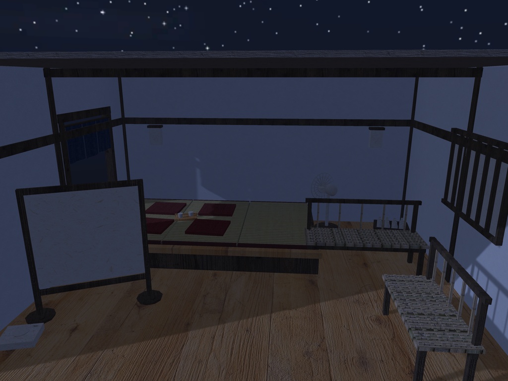 【VRChat想定】旅館の湯上がり処セット|小上がり・籐の長椅子・扇風機・瓶のケース【unitypackage / FBX・OBJ】