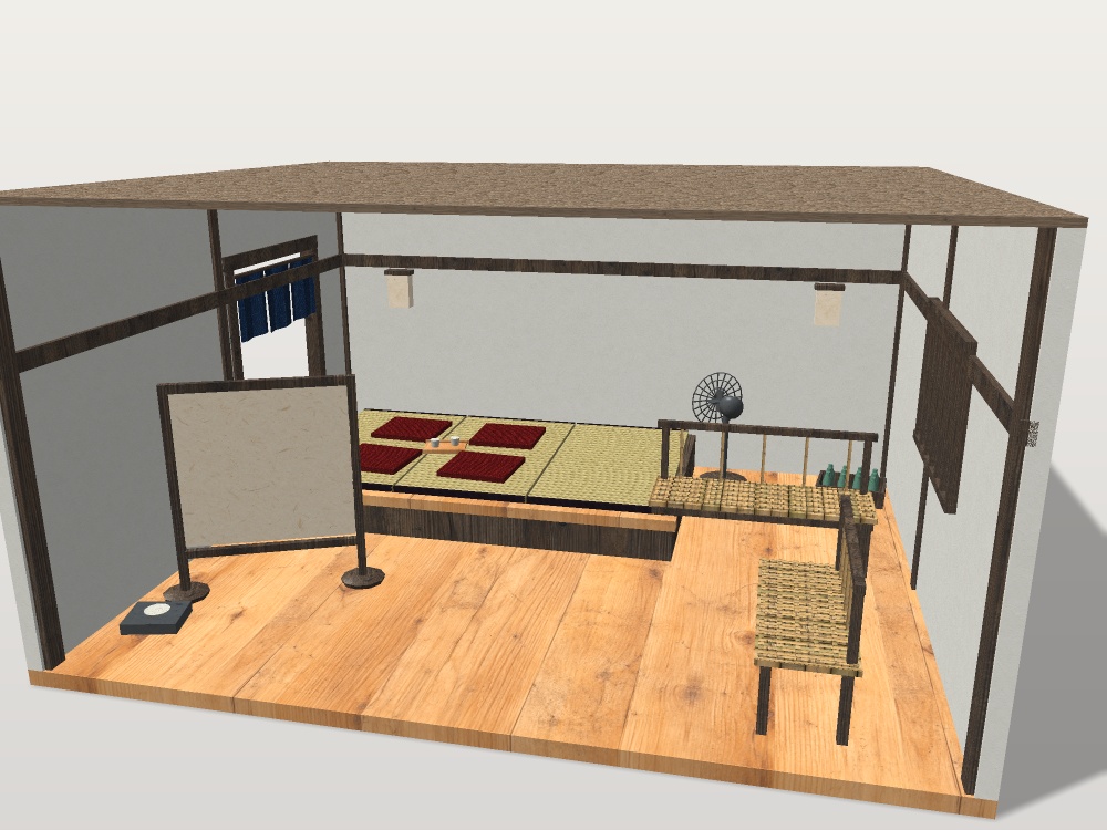【VRChat想定】旅館の湯上がり処セット|小上がり・籐の長椅子・扇風機・瓶のケース【unitypackage / FBX・OBJ】